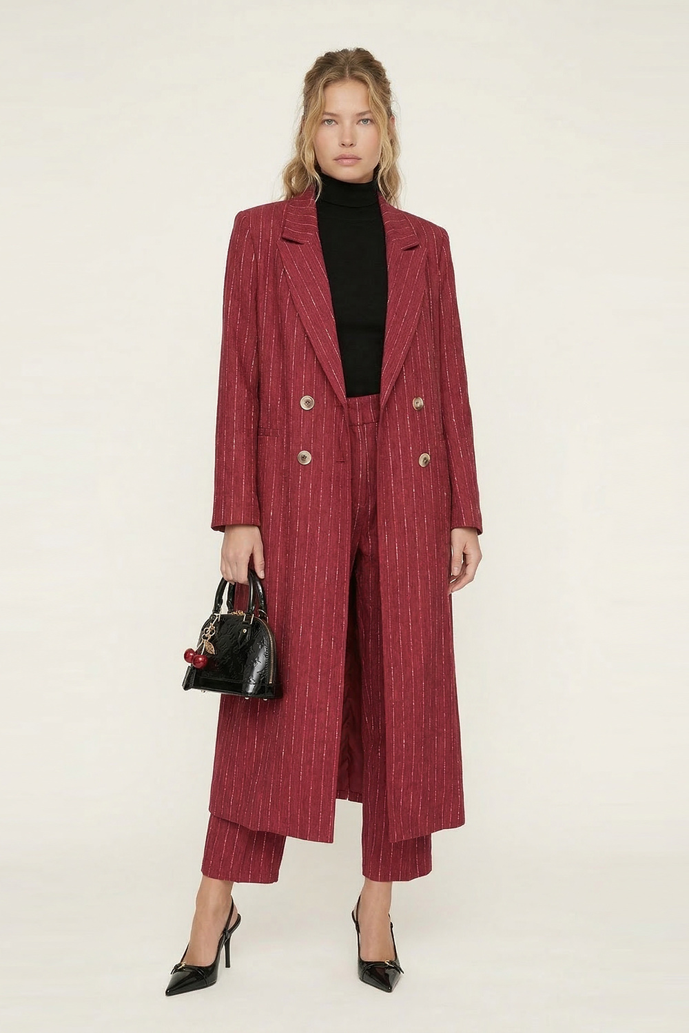 VISCON LINEN KESİK ÇİZGİLİ UZUN BLAZER CEKET
