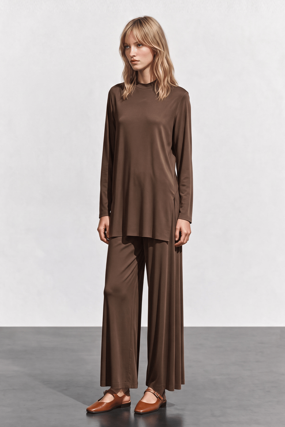 RAYON YUVARLAK YAKA BASIC UZUN BLUZ