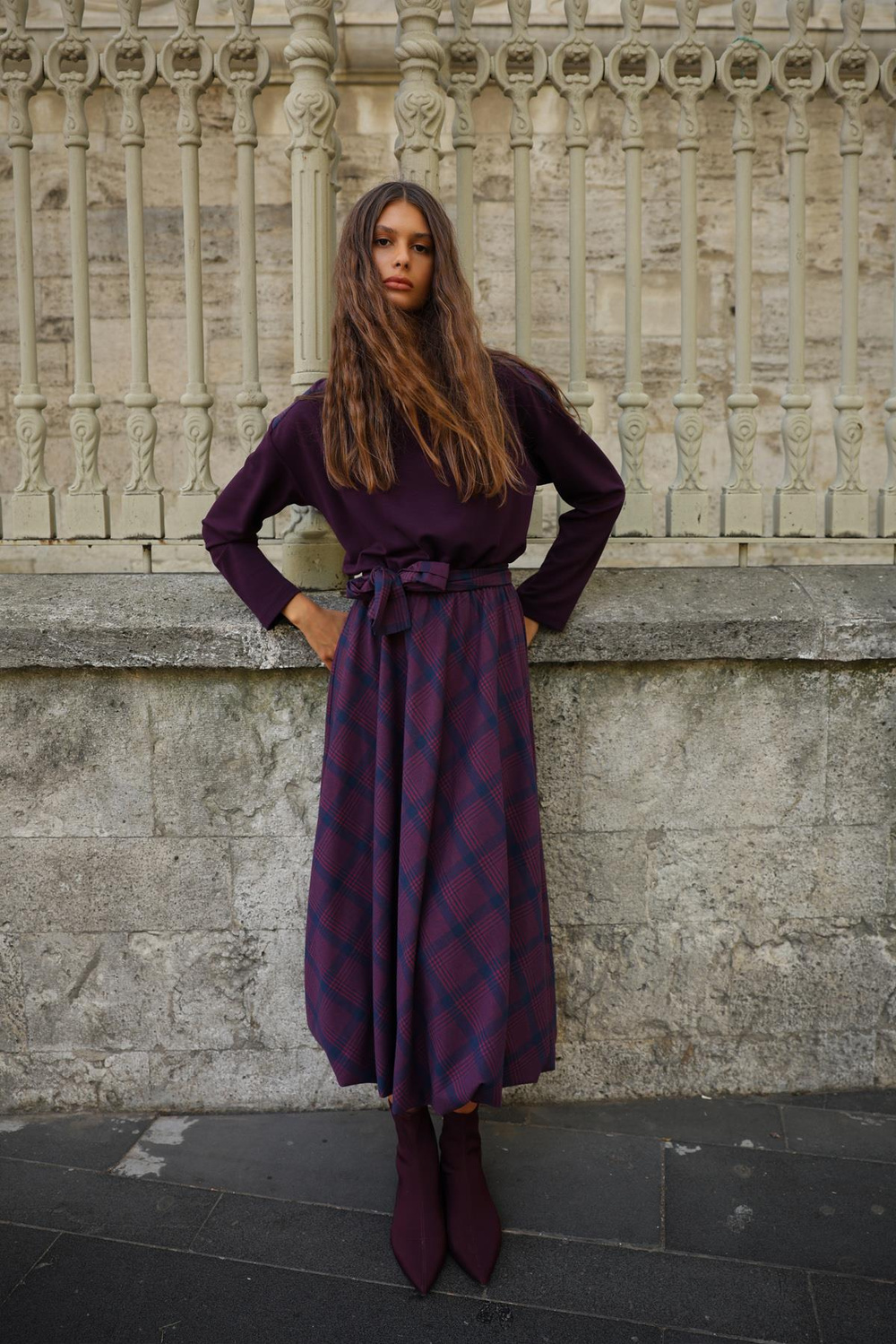 İNCE MODAL BLUZLU BALON EKOSE ETEKLİ ELBİSE