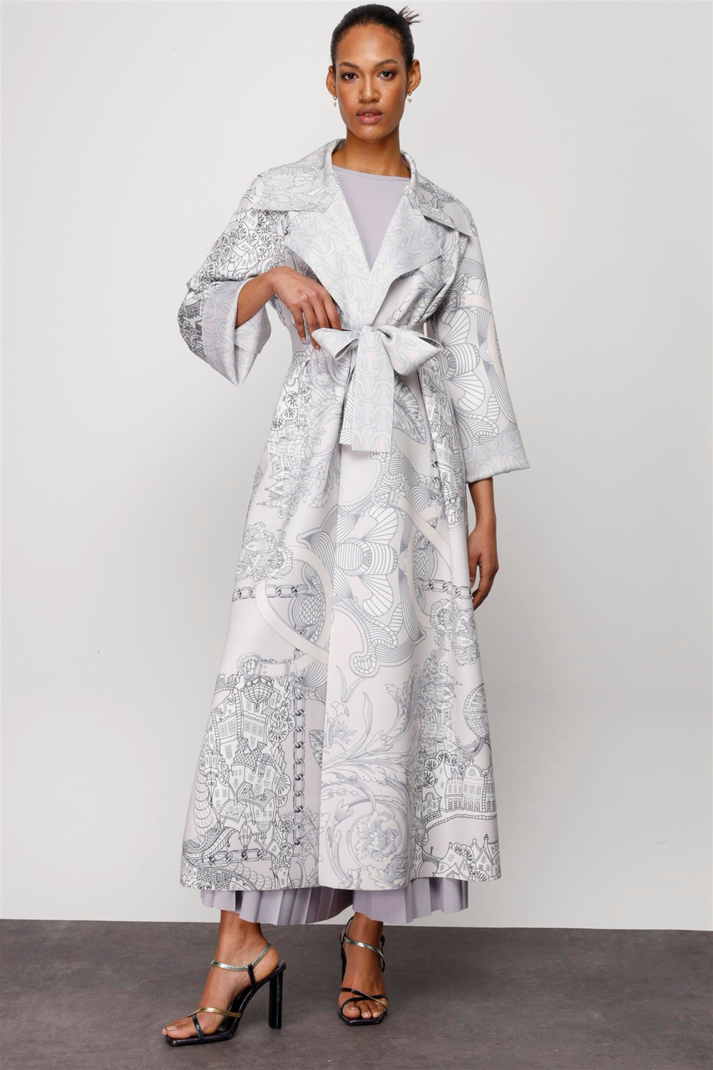 SCUBA VINTAGE EL ÇİZİMİ DESEN BÜYÜK YAKA UZUN CEKET