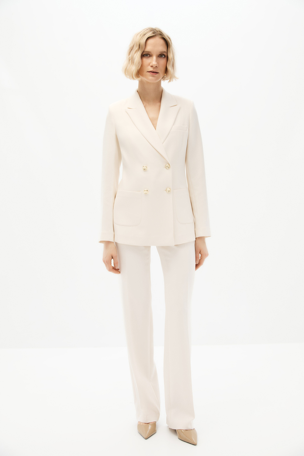 Ekru Kruvaze Blazer Takım