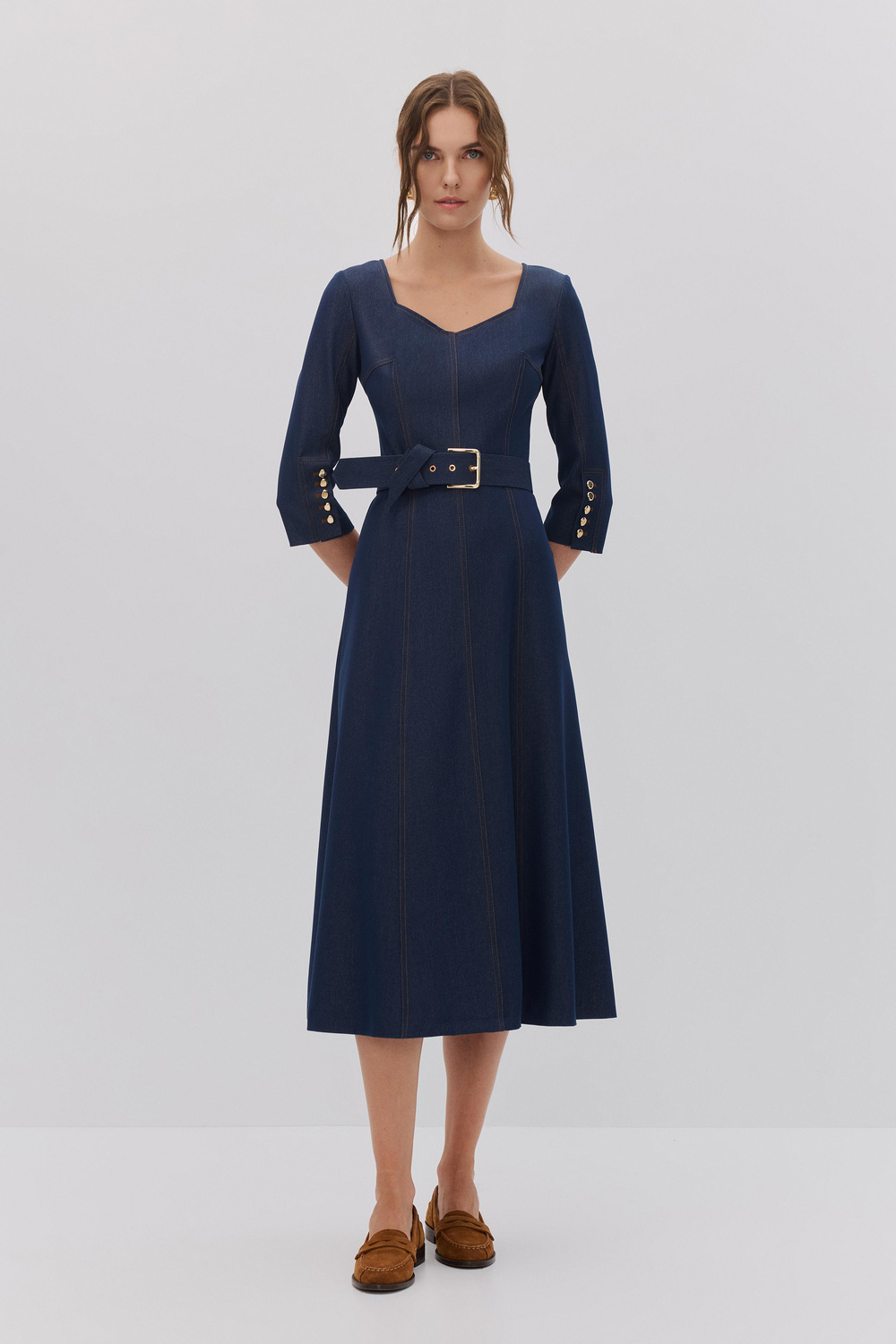DENIM DİKİŞ DETAYLI MİDİ ELBİSE