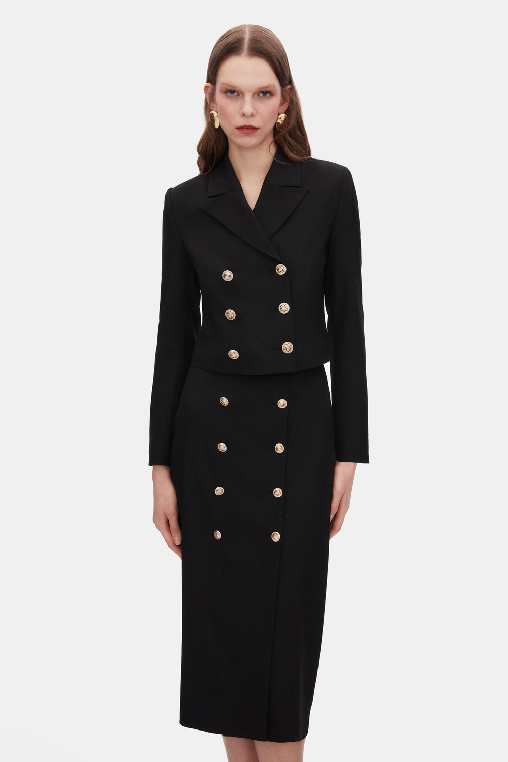 Kruvaze Crop Ceket Midi Boy Kalem Etek Takım