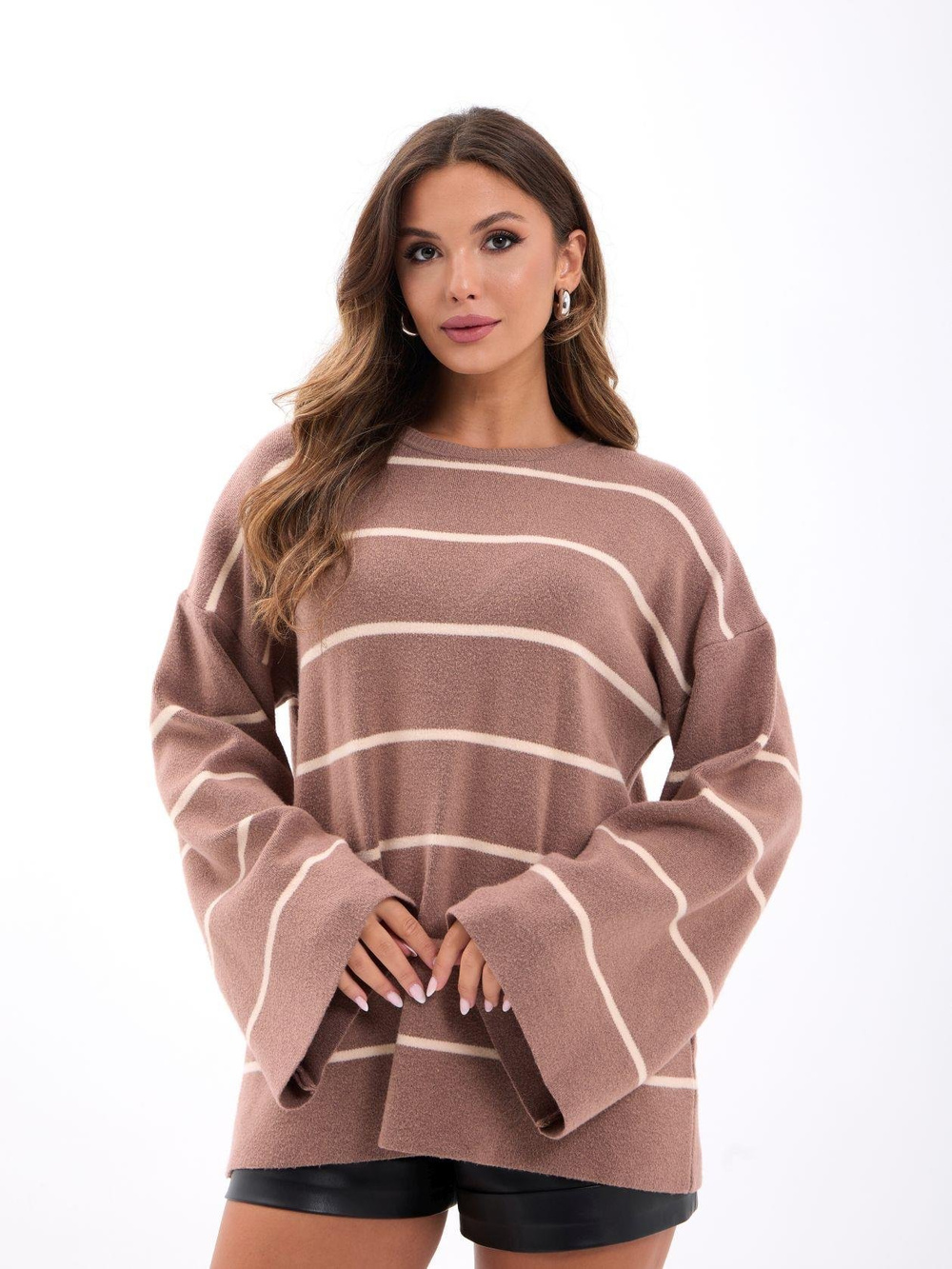 42401 TRİKO ÇİZGİLİ SALAŞ KAZAK-VİZON-KREM