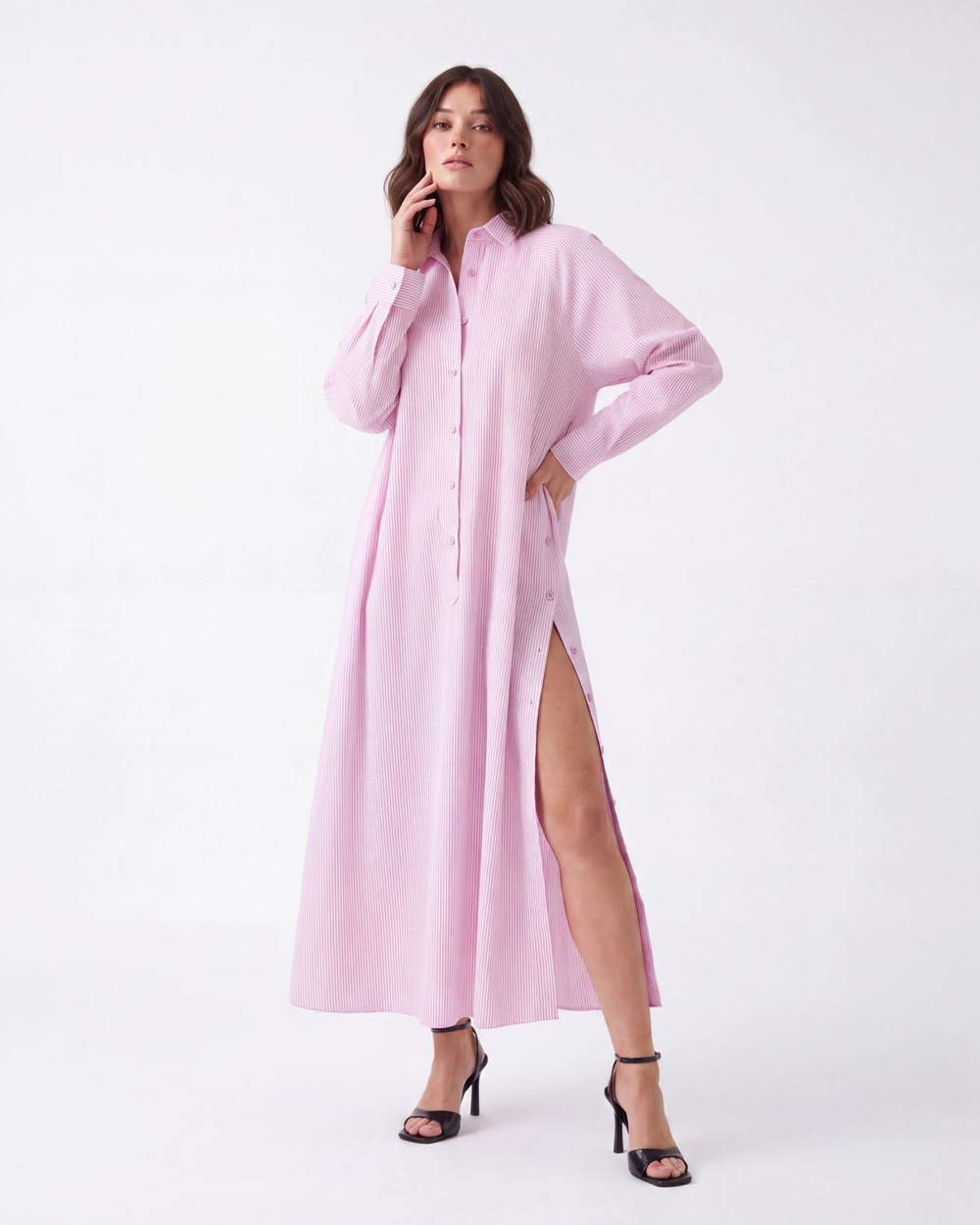 5857 ELBİSE-PEMBE ÇİZGİLİ