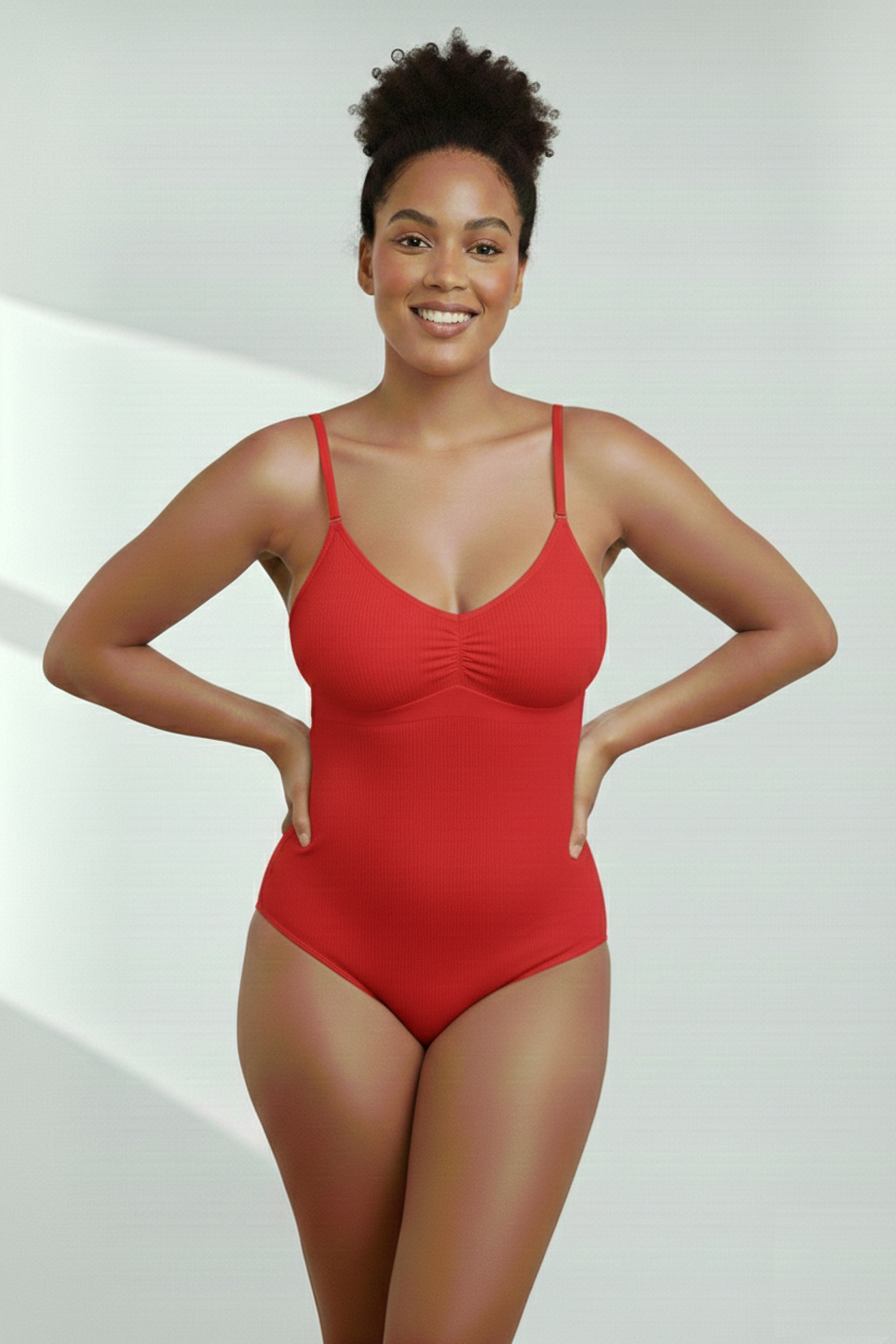 Mamey Örme Kumaş Yapılı Toparlayıcı Çıtçıtlı 2 Beden İncelten Korseli Body Kırmızı Renk
