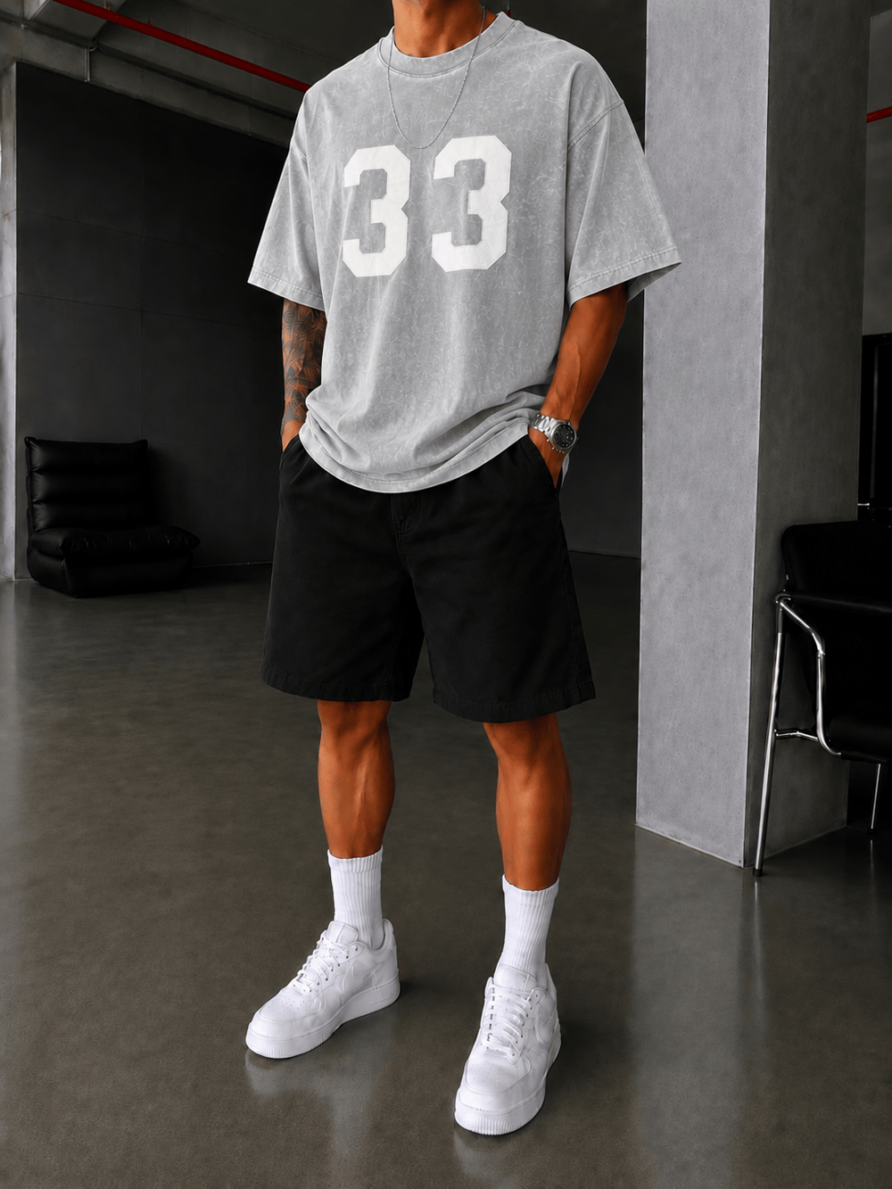 33 Pacht Detaylı Oversize T-Shirt - Gri