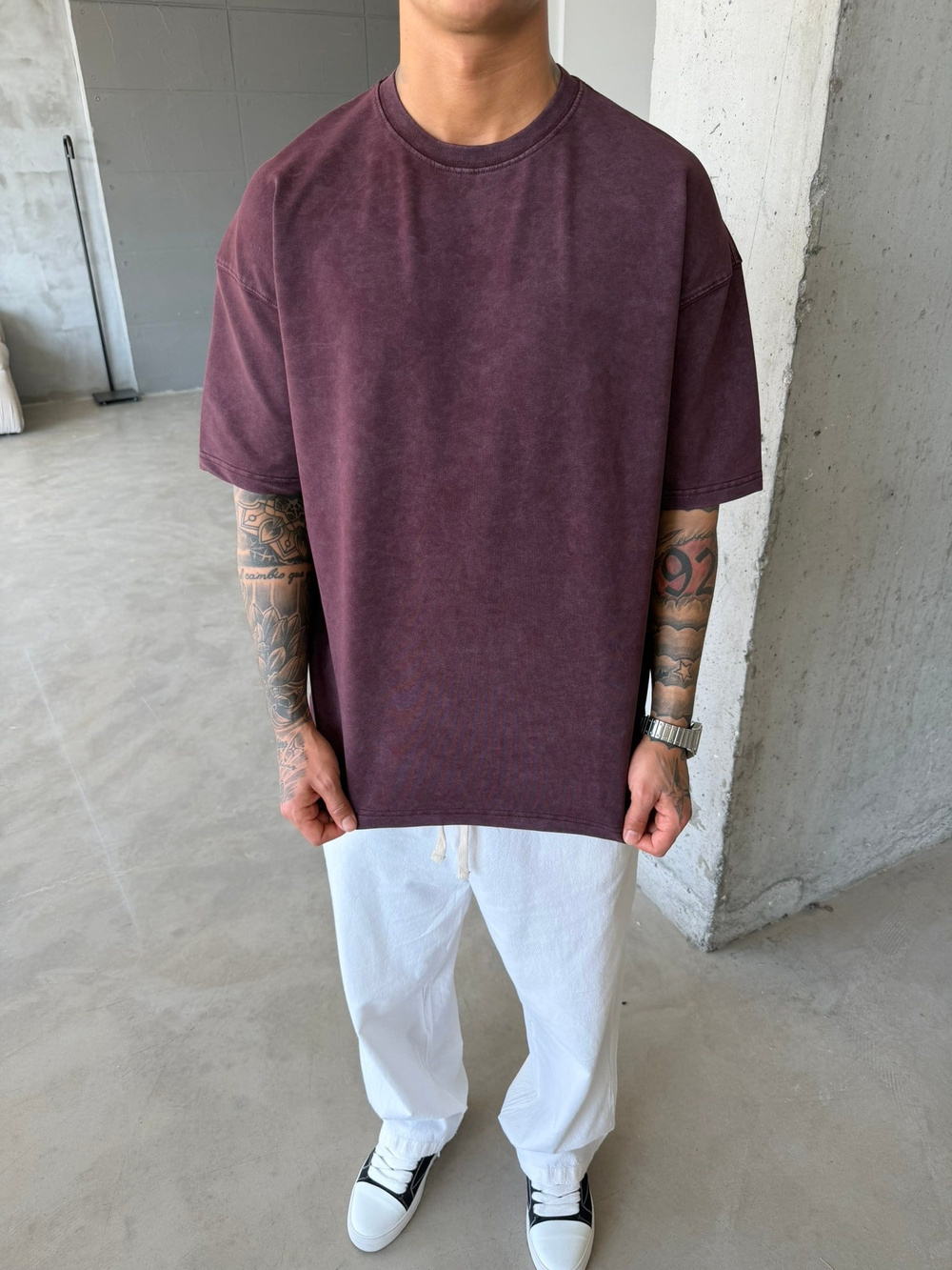 362 Premium Acid Yıkama Basic T-Shirt - Mürdün