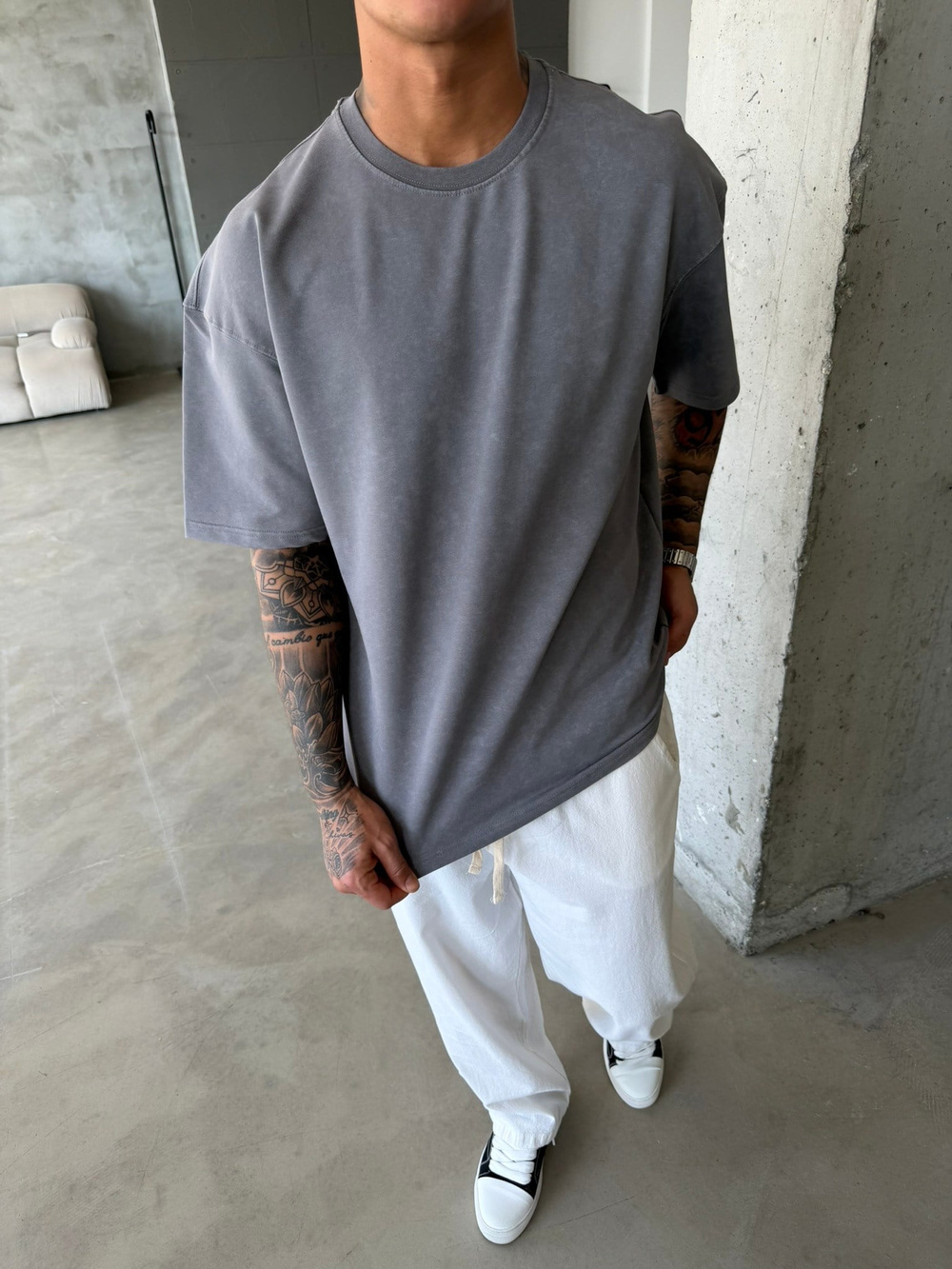 362 Premium Acid Yıkama Basic T-Shirt - Füme
