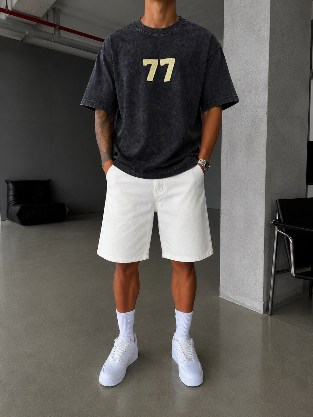 77 Nakışlı Premium Yıkamalı T-Shirt