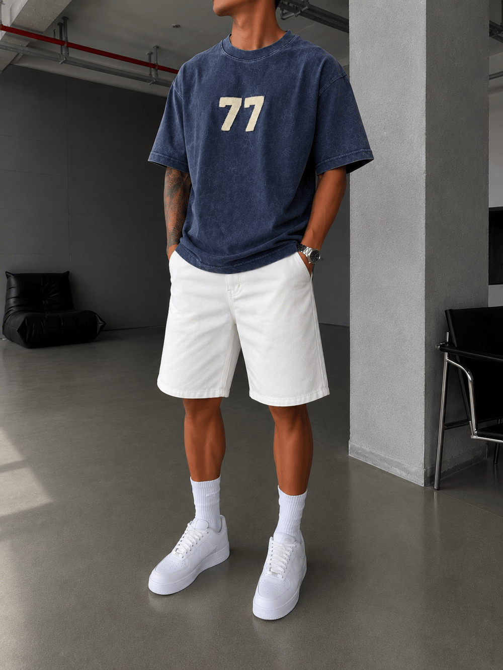 77 Nakışlı Premium Yıkamalı T-Shirt