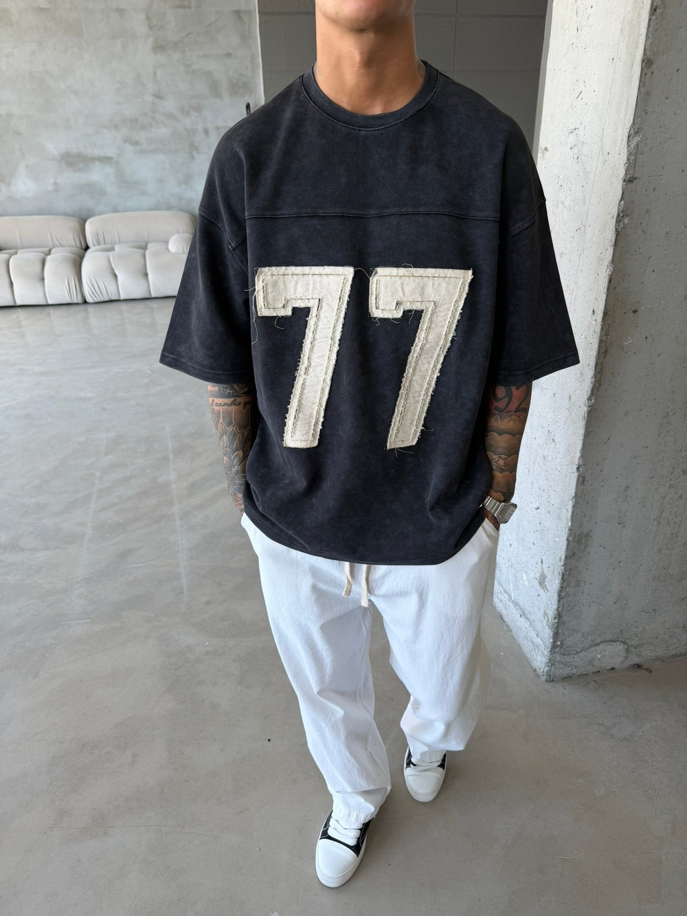 77 Pacht Detaylı Premium Yıkamalı Acid T-Shirt - Siyah