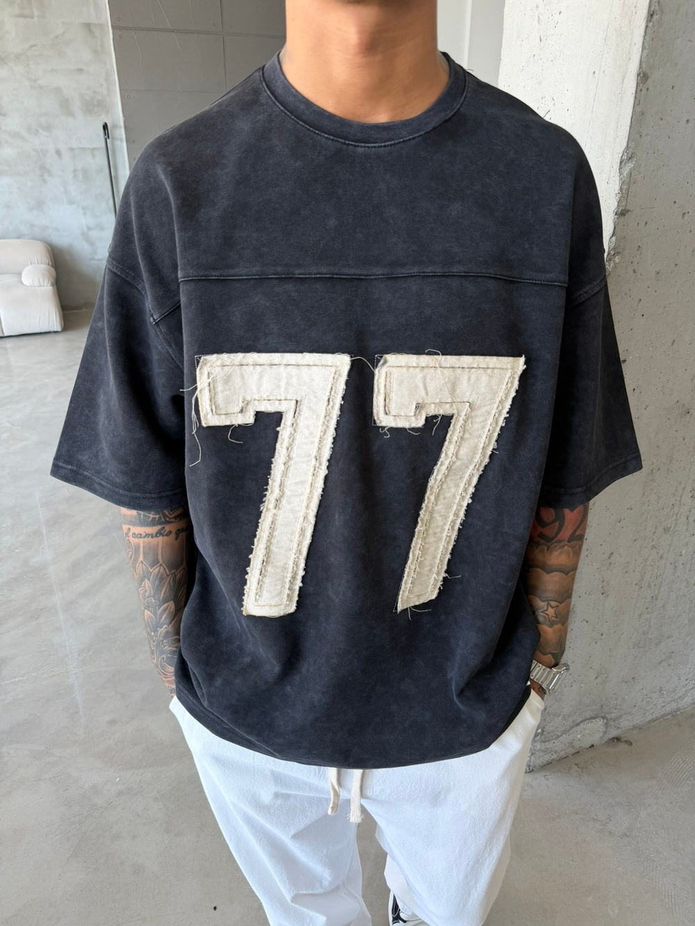 77 Pacht Detaylı Premium Yıkamalı Acid T-Shirt - Siyah