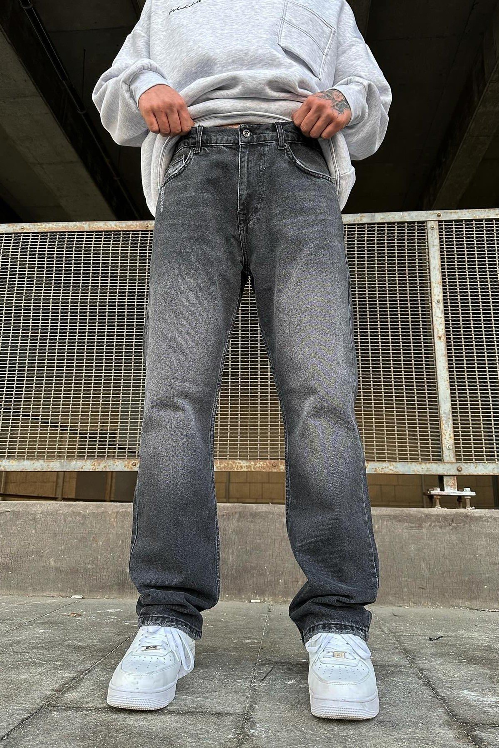 Detaylı Antrasit Baggy Jean
