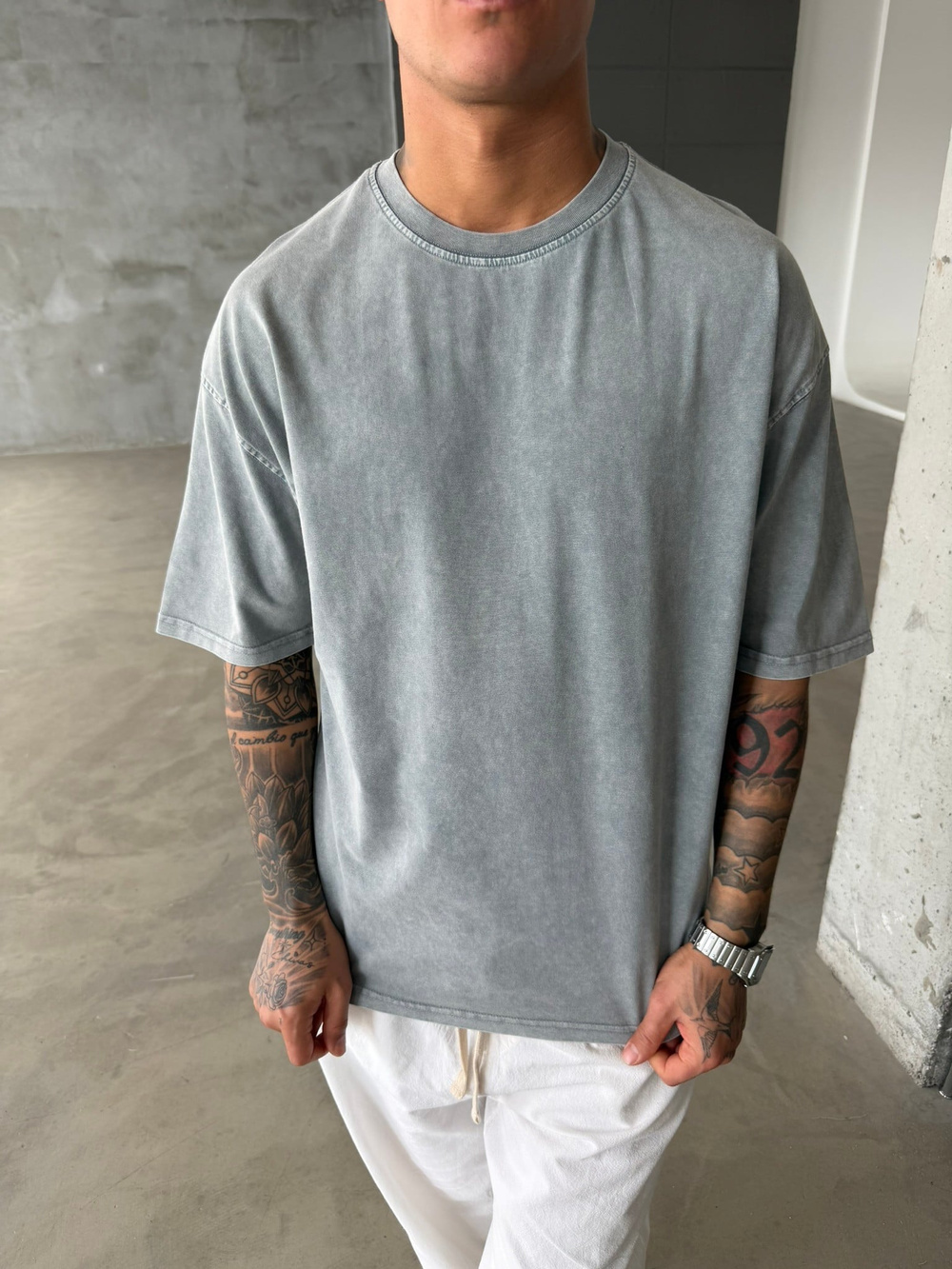Acid Basic Yıkamalı T-Shirt - Gri
