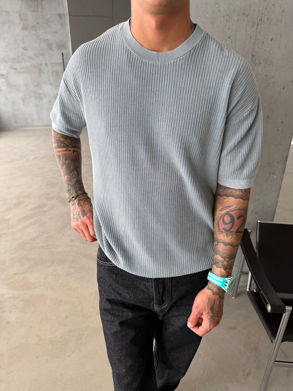 Acid Yıkamalı Fittilli Basic T-Shirt - Gri