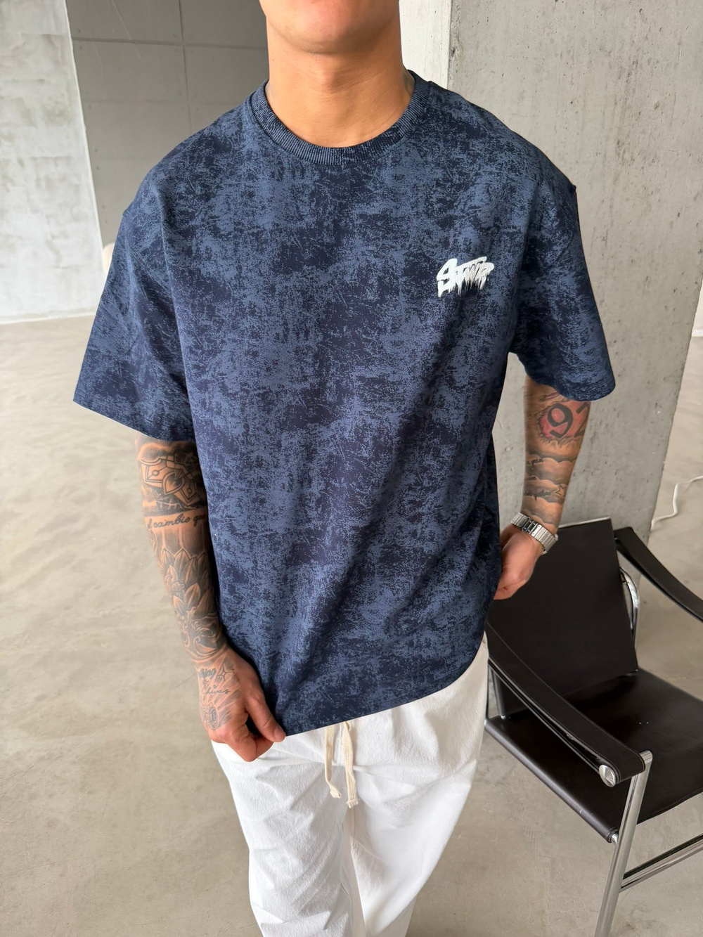 Acid Yıkamalı SW Premium Baskılı T-Shirt-İndigo