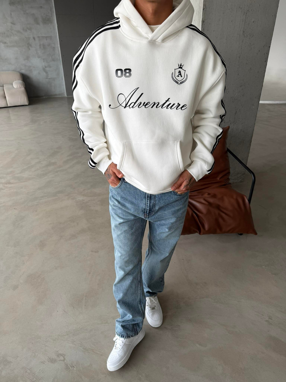 Adventure 08 Cizgili Hoodie - Beyaz