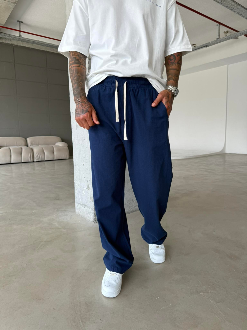 Baggy Fit Keten Pantolon - Lacivert