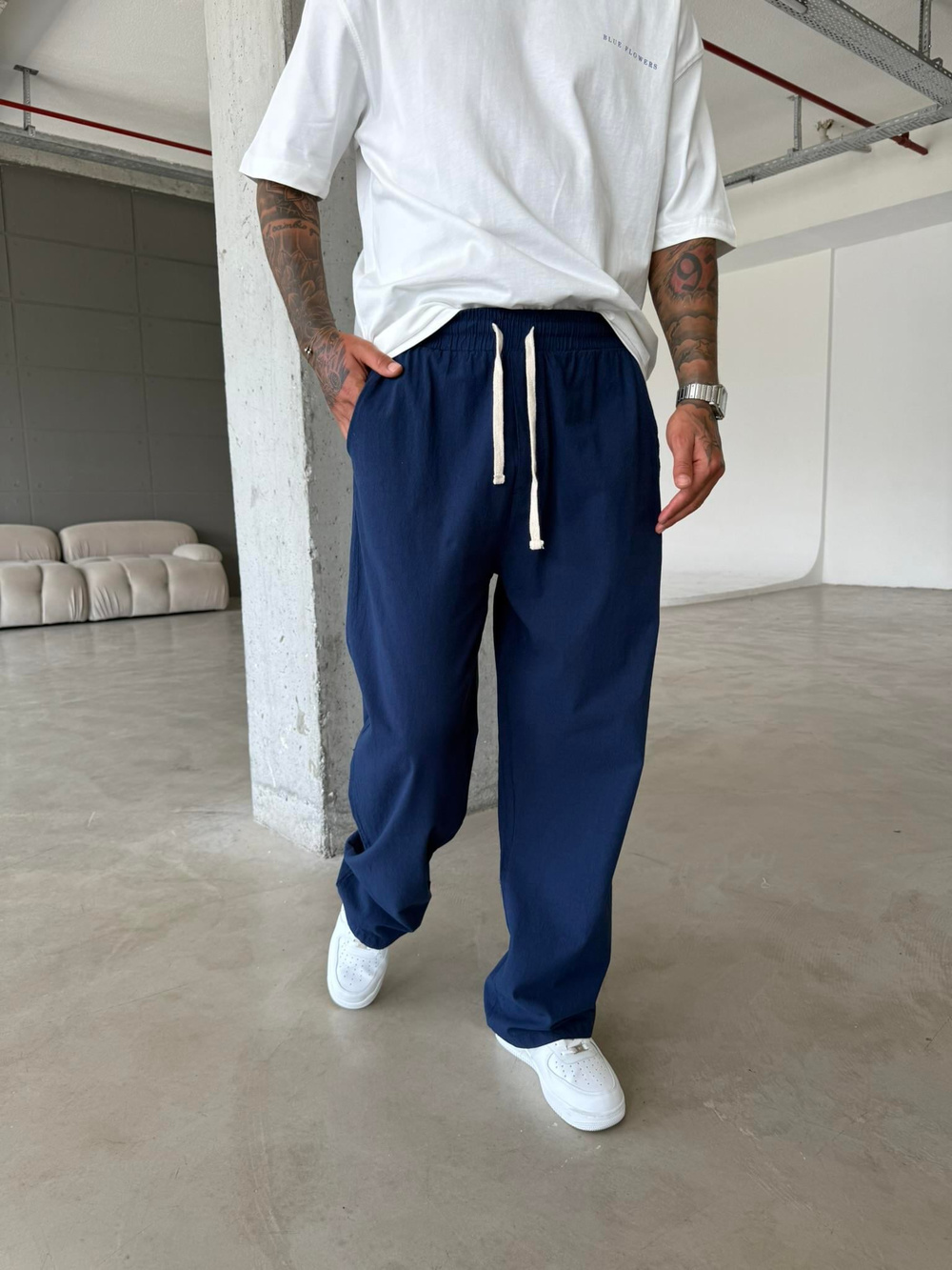 Baggy Fit Keten Pantolon - Lacivert