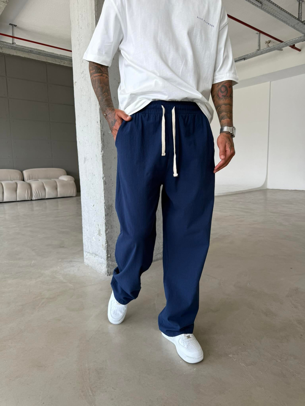 Baggy Fit Keten Pantolon - Lacivert