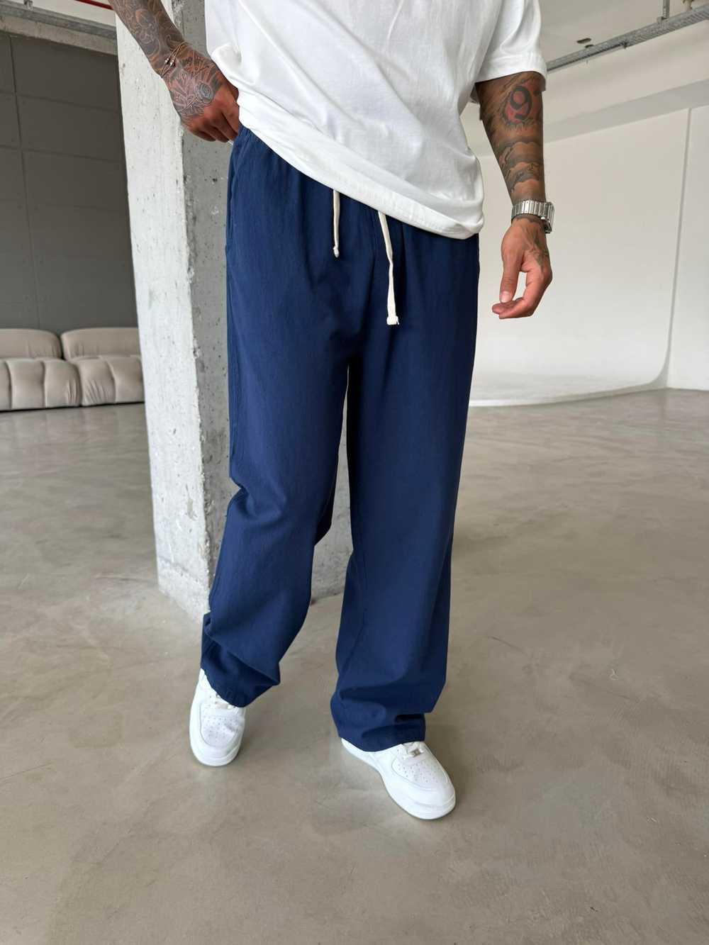 Baggy Fit Keten Pantolon - Lacivert