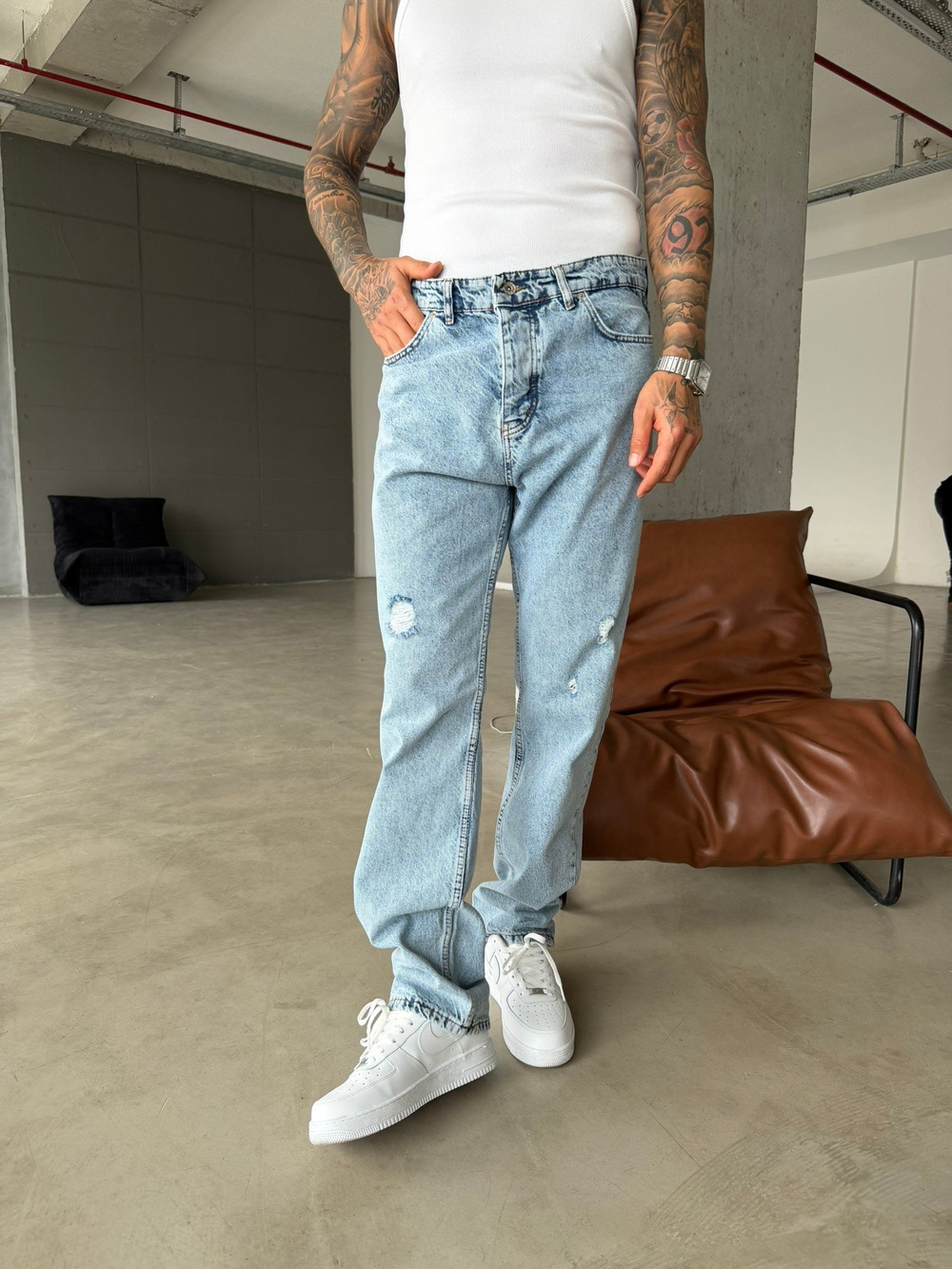 Basic Baggy Fit Yırtık Detay Pantolon - Mavi