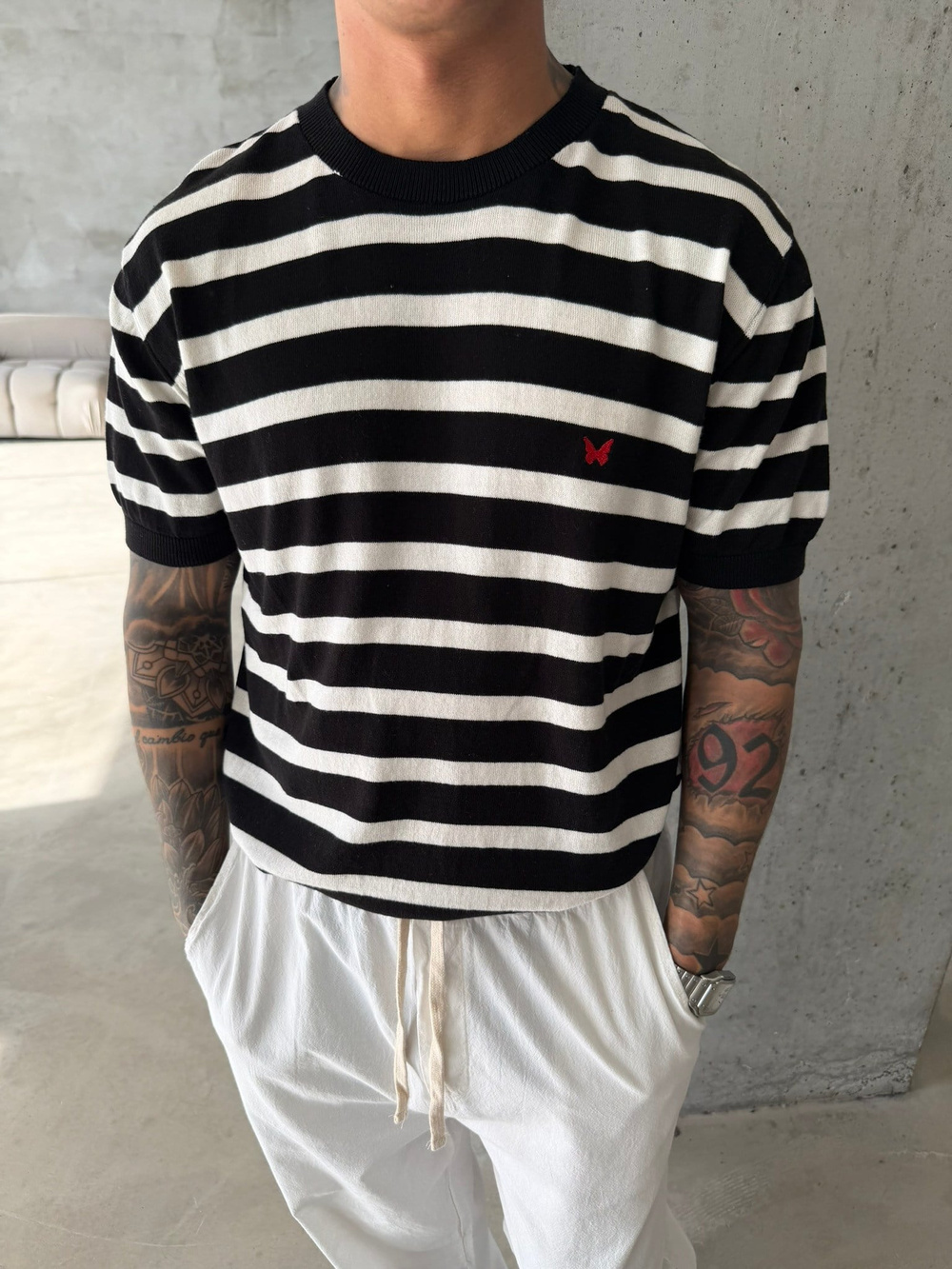 Basic Cizgili Nakışlı Regular T-Shirt - Siyah