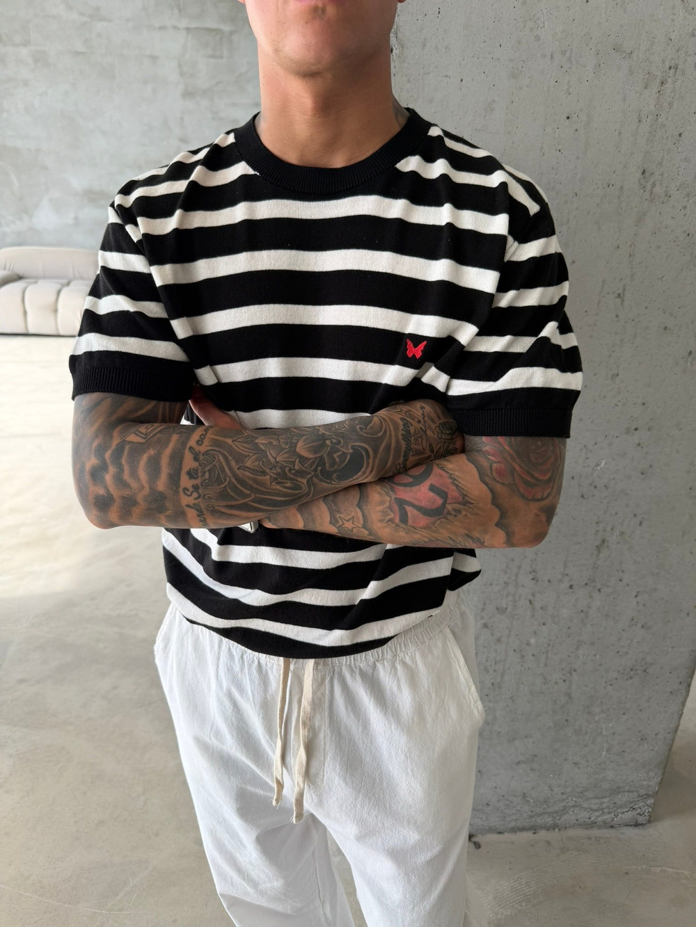 Basic Cizgili Nakışlı Regular T-Shirt - Siyah