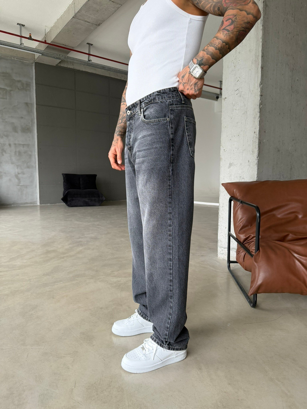 Basic Eskitme Yıkamalı Baggy Pantolon - Koyu Gri