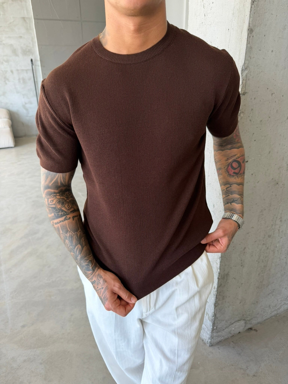 Basic Fitilli Premium Bisiklet Yaka - Kahve