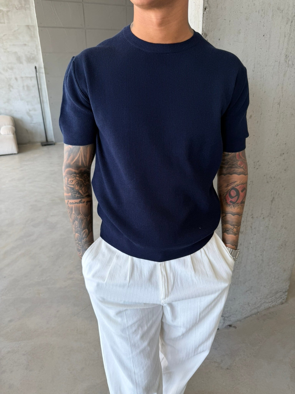 Basic Fitilli Premium Bisiklet Yaka - Lacivert