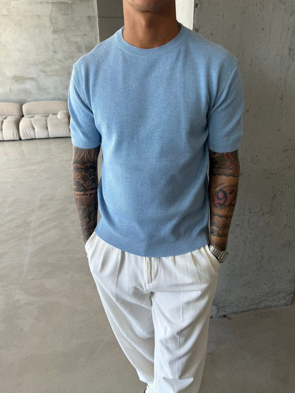Basic Fitilli Premium Bisiklet Yaka - Mavi