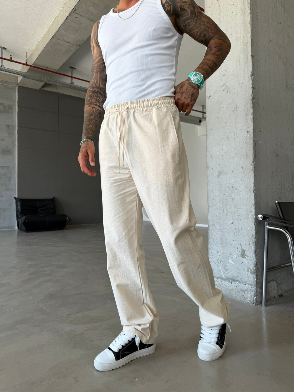 Basic Keten Pantolon - Bej