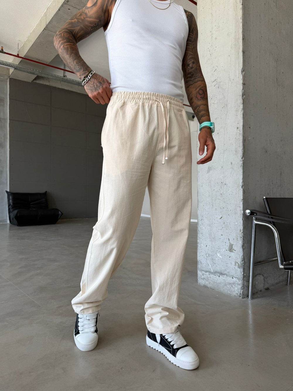 Basic Keten Pantolon - Bej