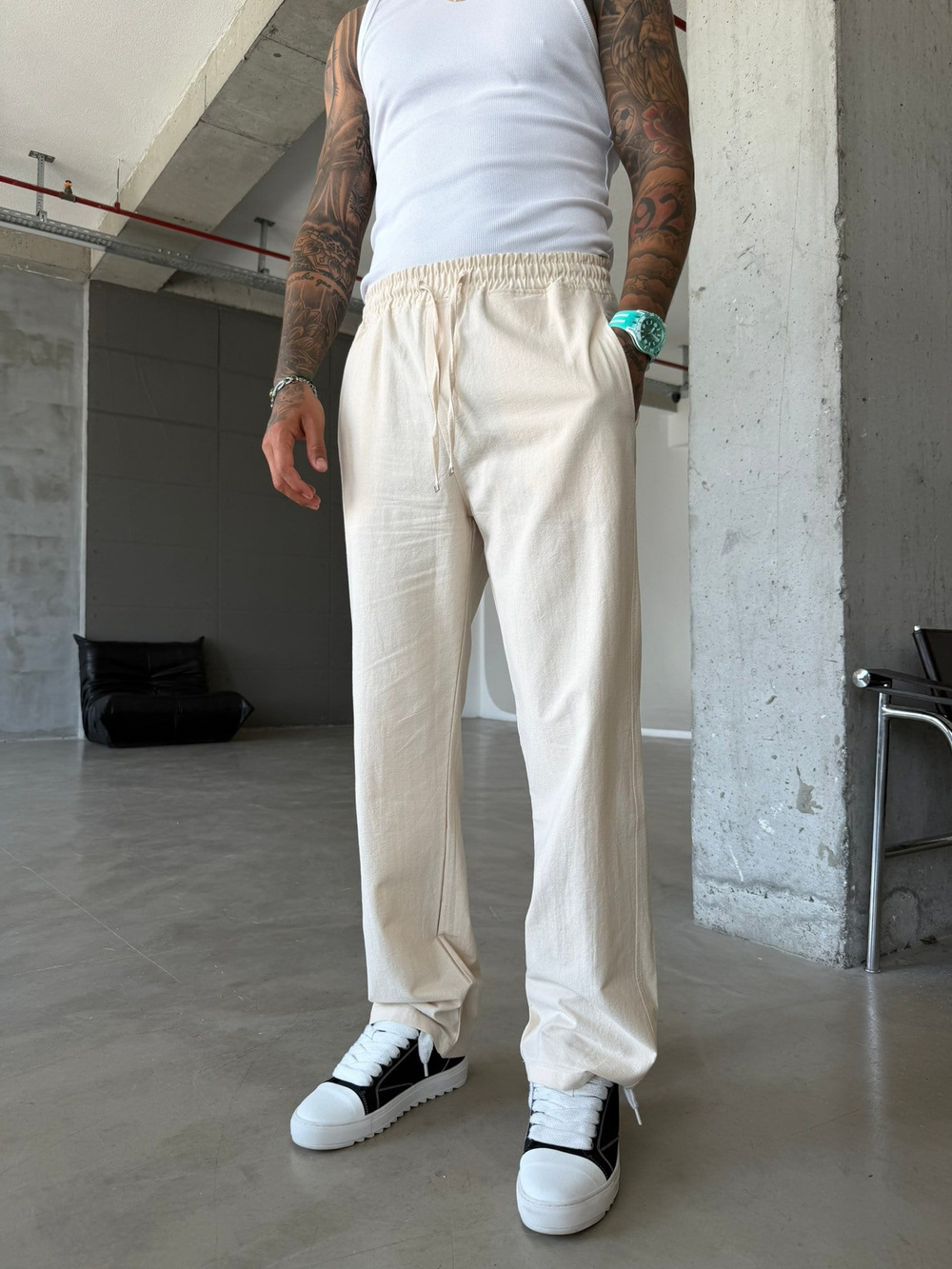 Basic Keten Pantolon - Bej