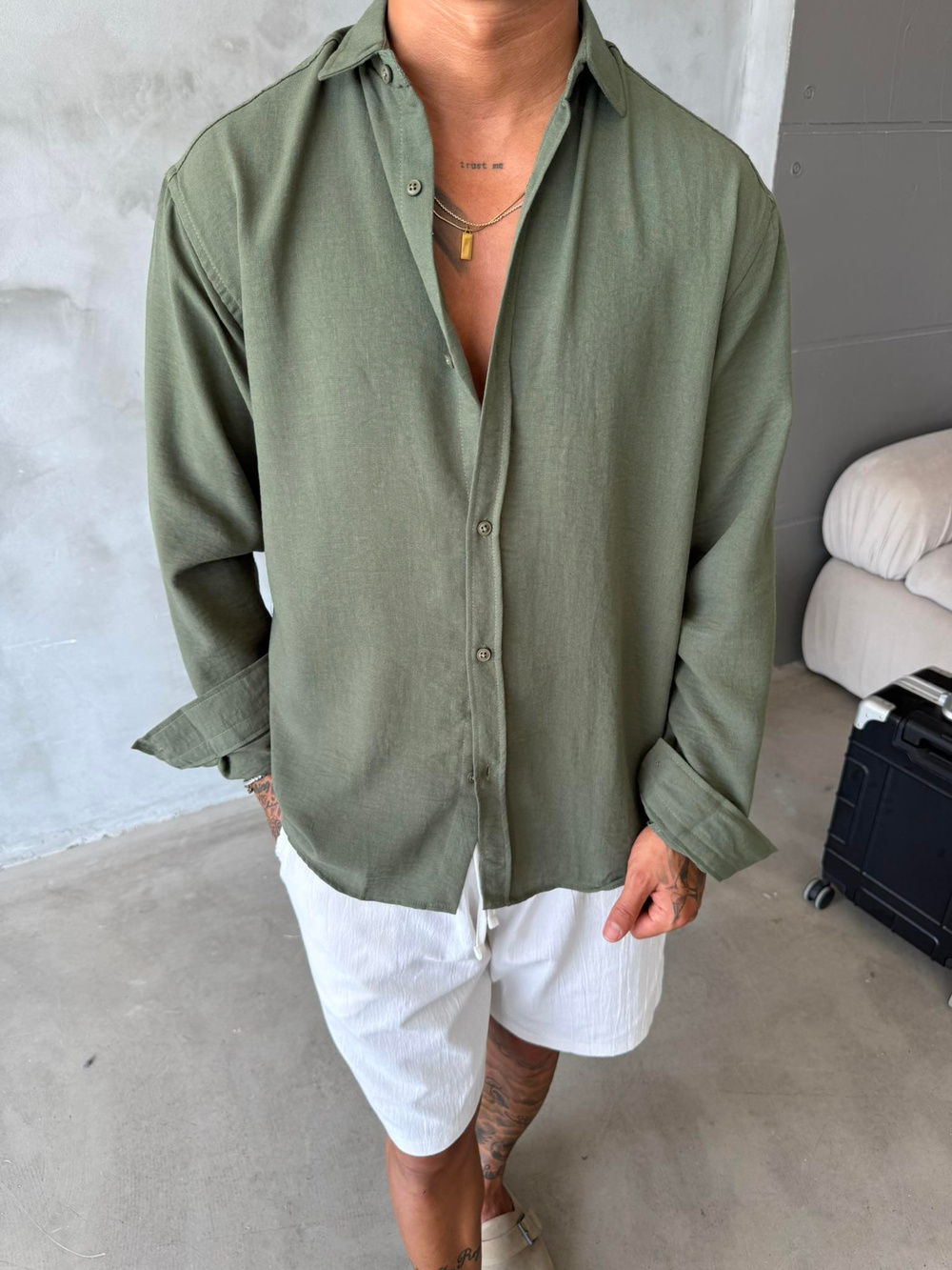 Basic Müslin Kumaş Gömlek - Haki