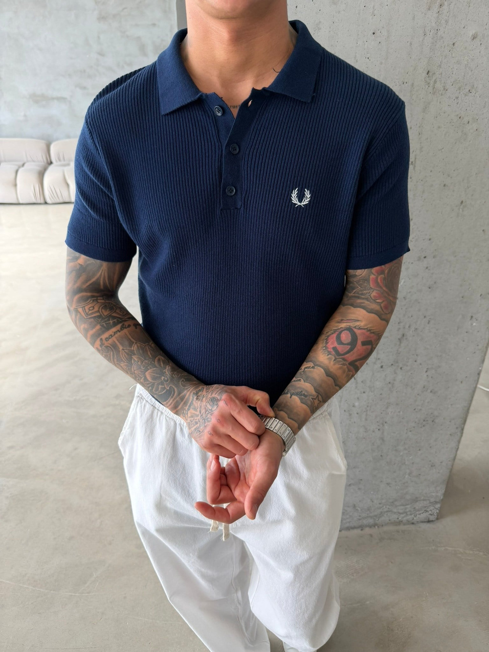 Basic Regular Nakışlı Düğmeli Yaka T-Shirt - Lacivert