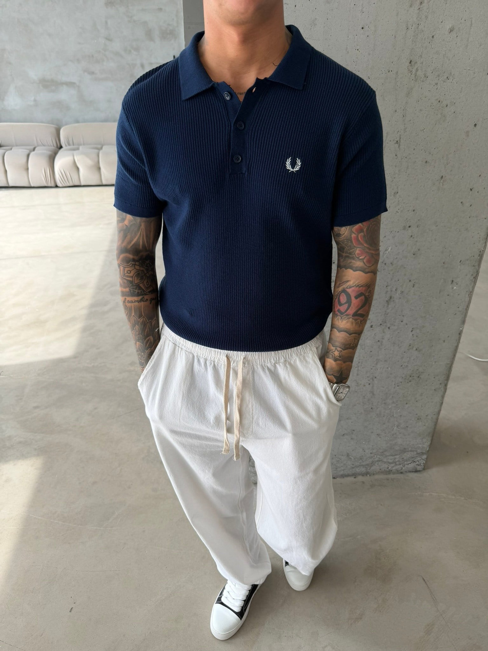 Basic Regular Nakışlı Düğmeli Yaka T-Shirt - Lacivert