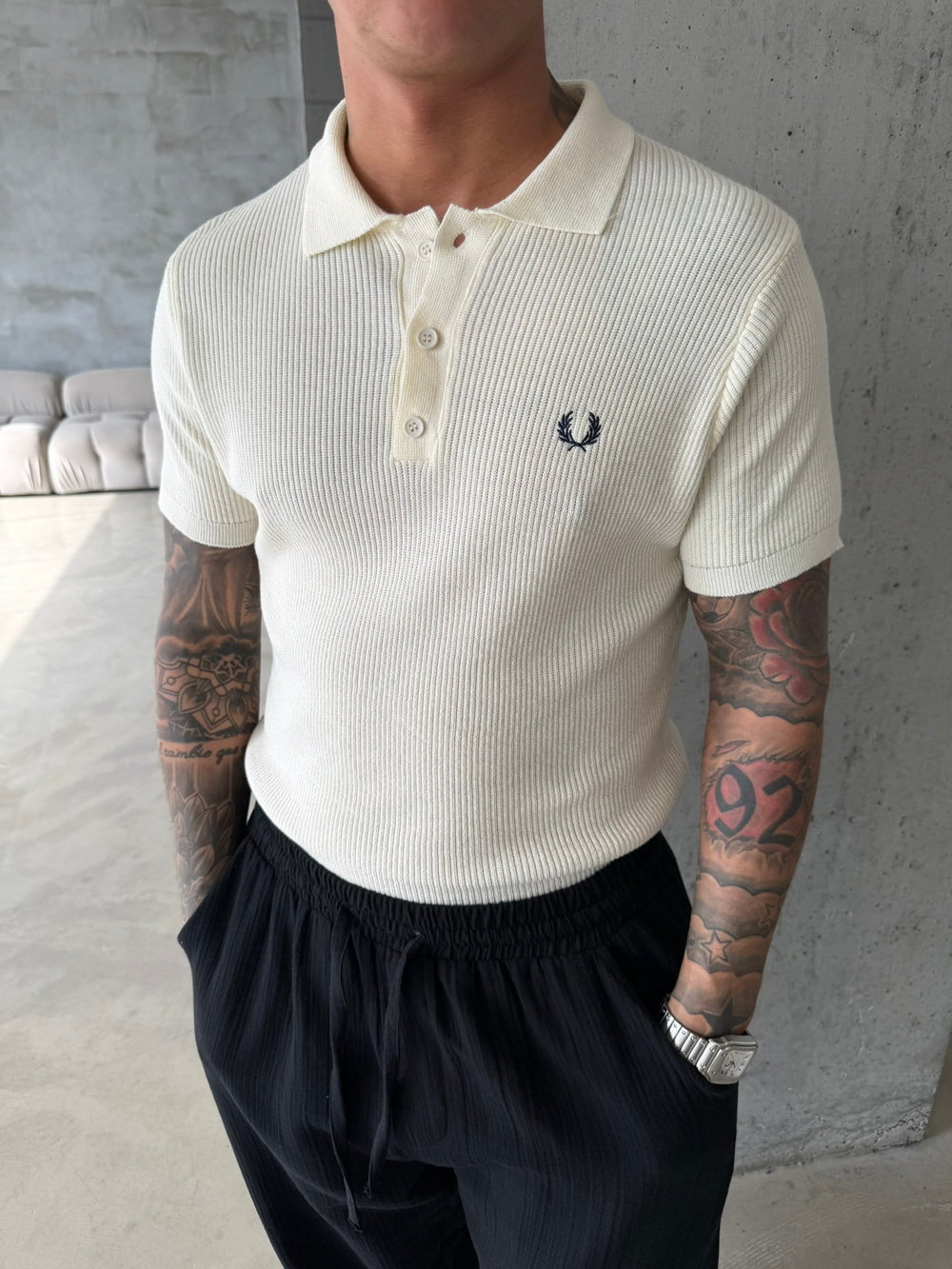 Basic Regular Nakışlı Düğmeli Yaka T-Shirt - Ekru
