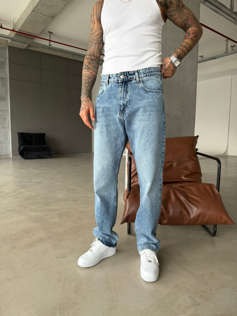 Basic Yıkama Baggy Pantolon - Mavi