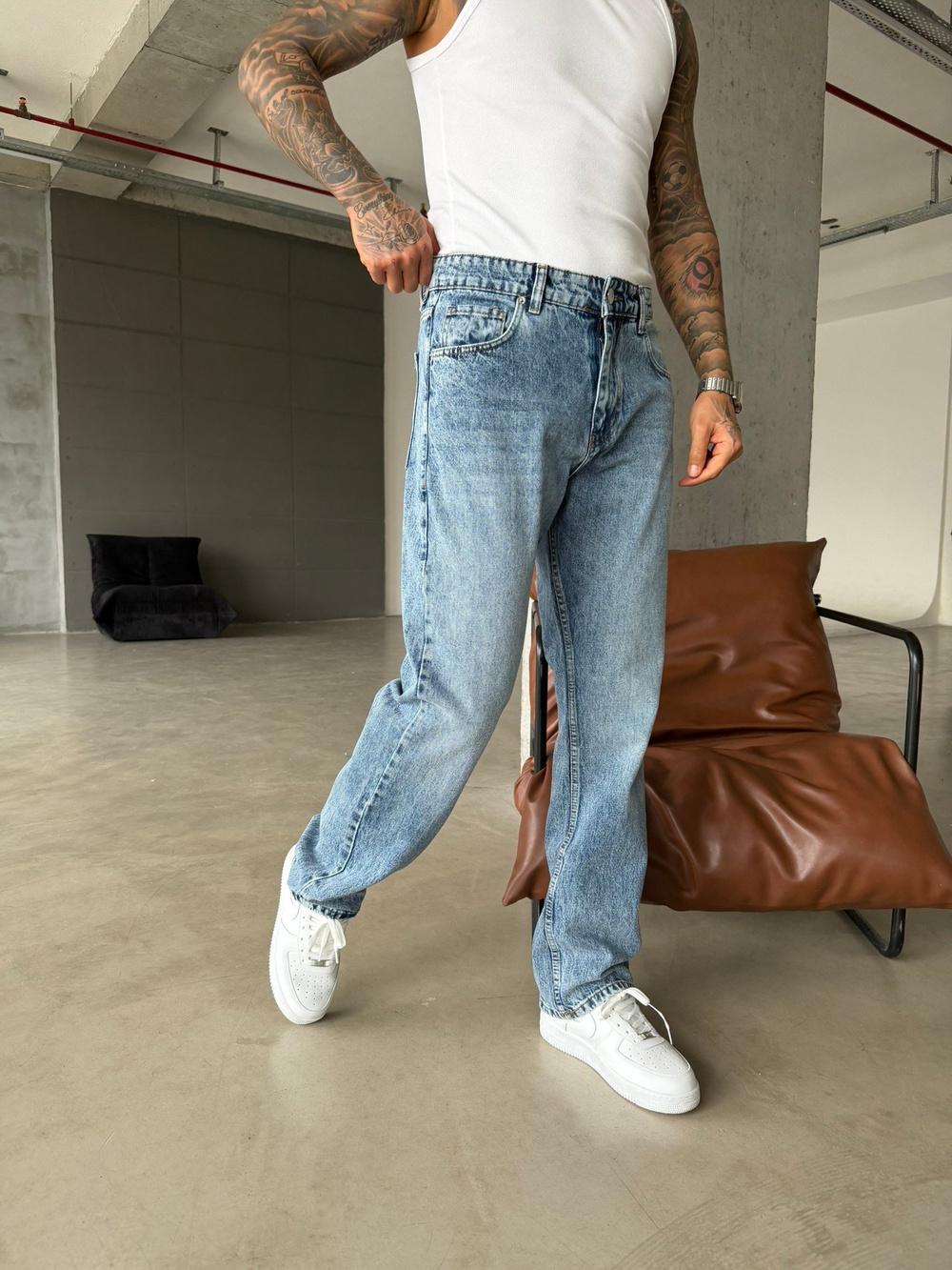 Basic Yıkama Baggy Pantolon - Mavi