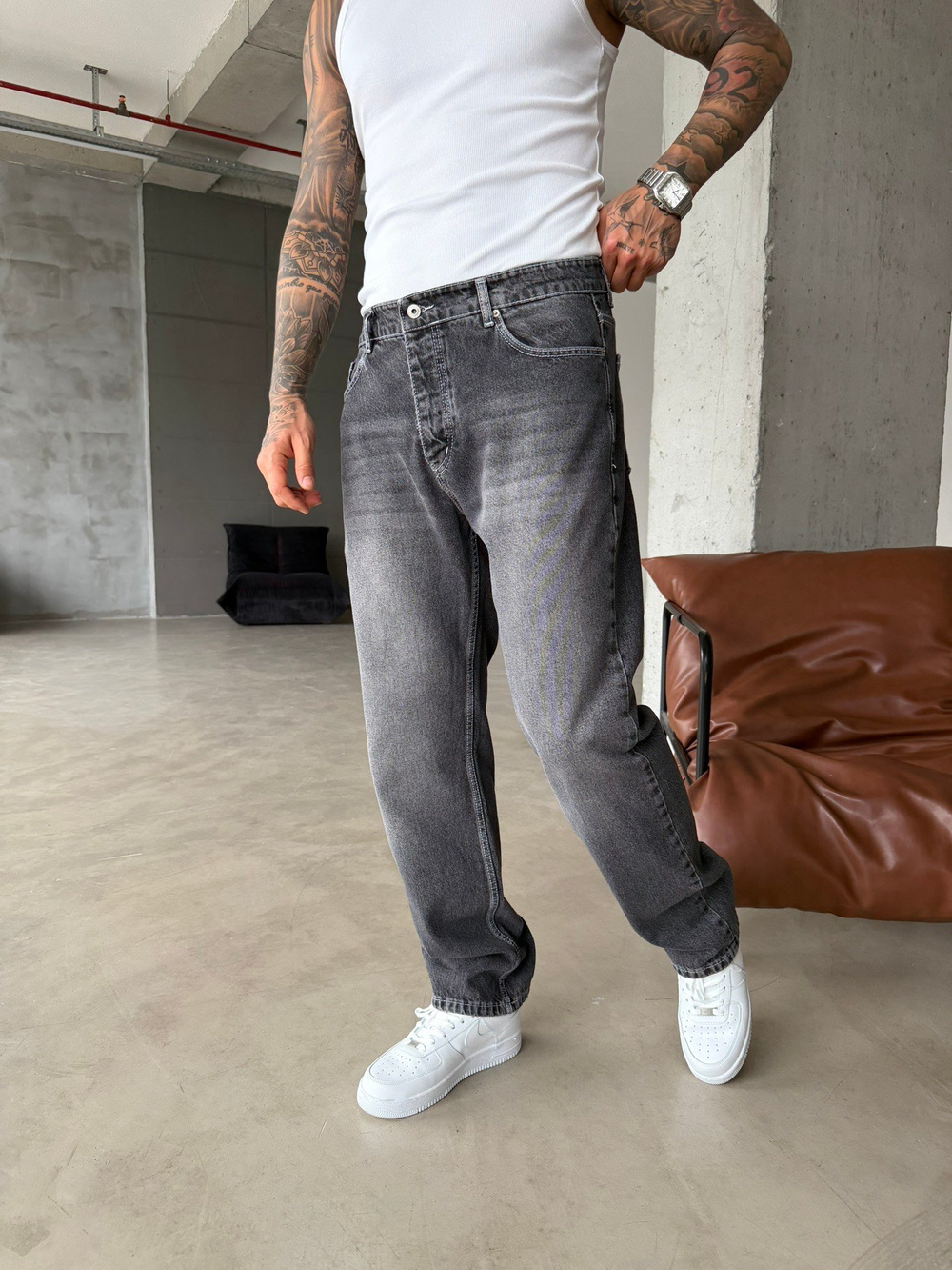 Basic Yıkamalı Baggy Pantolon - Füme