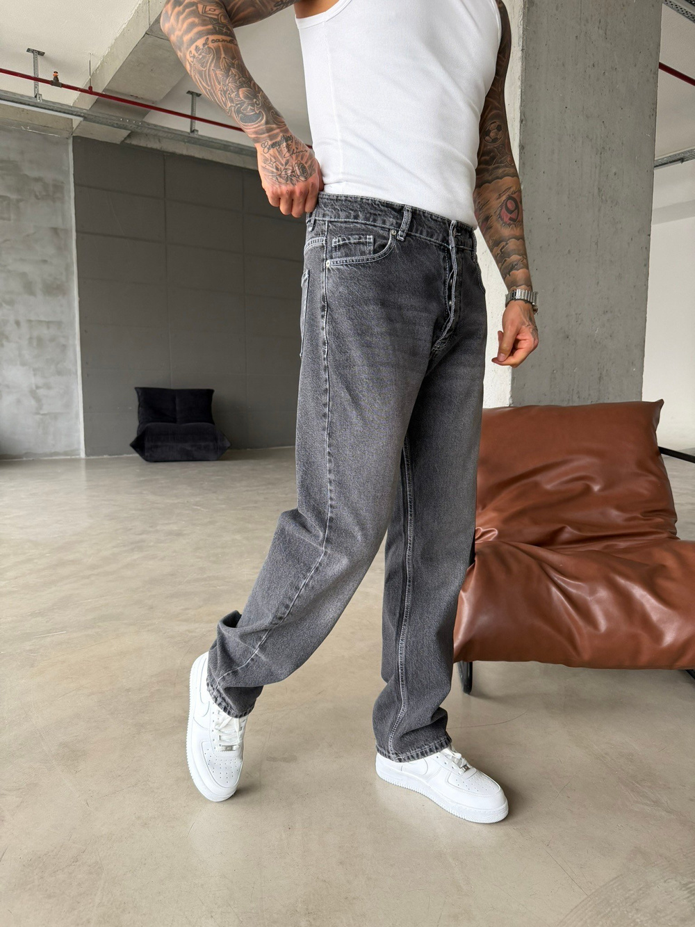 Basic Yıkamalı Baggy Pantolon - Füme