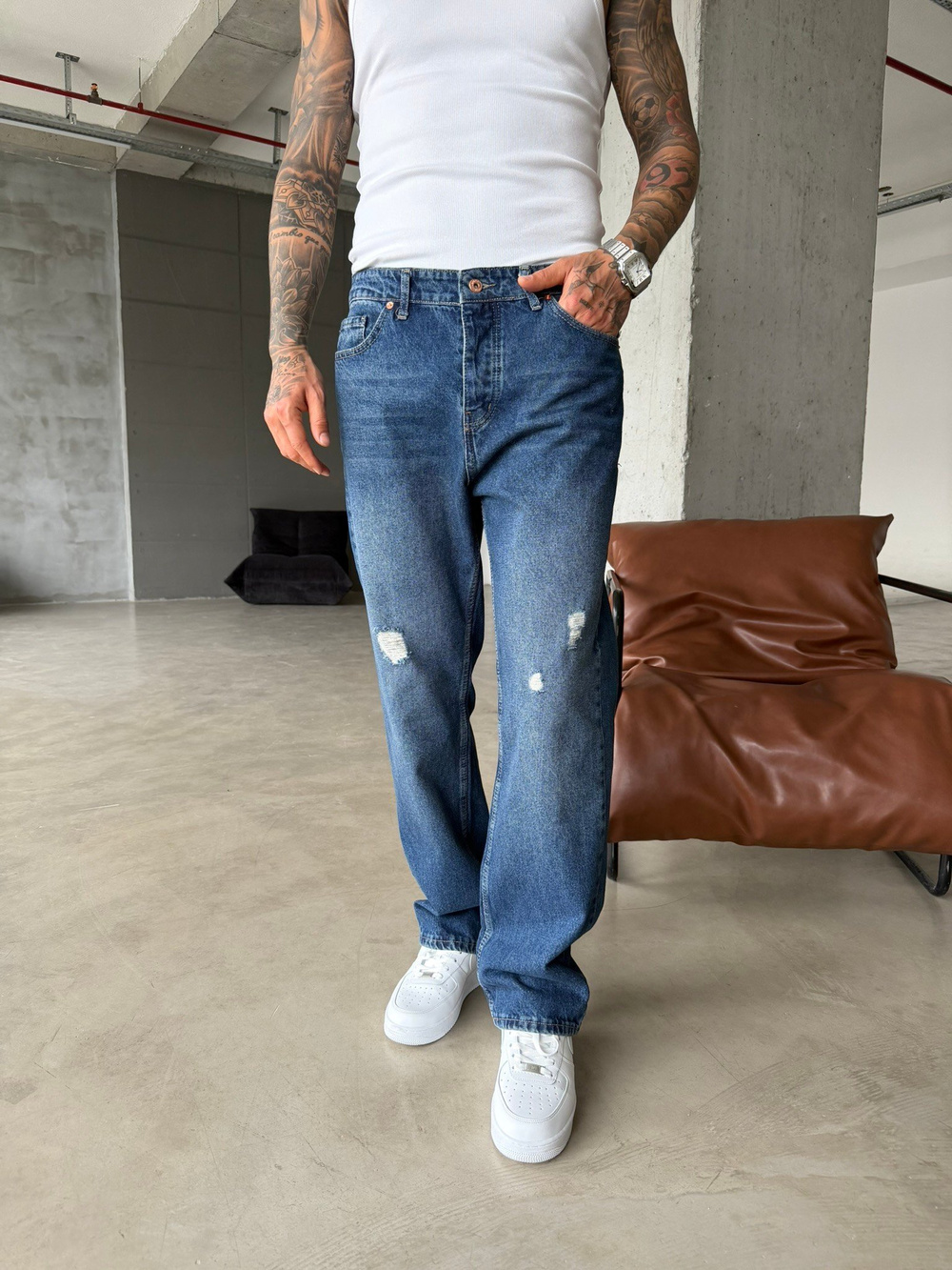 Basic Yırtık Detaylı Baggy Pantolon - İndigo