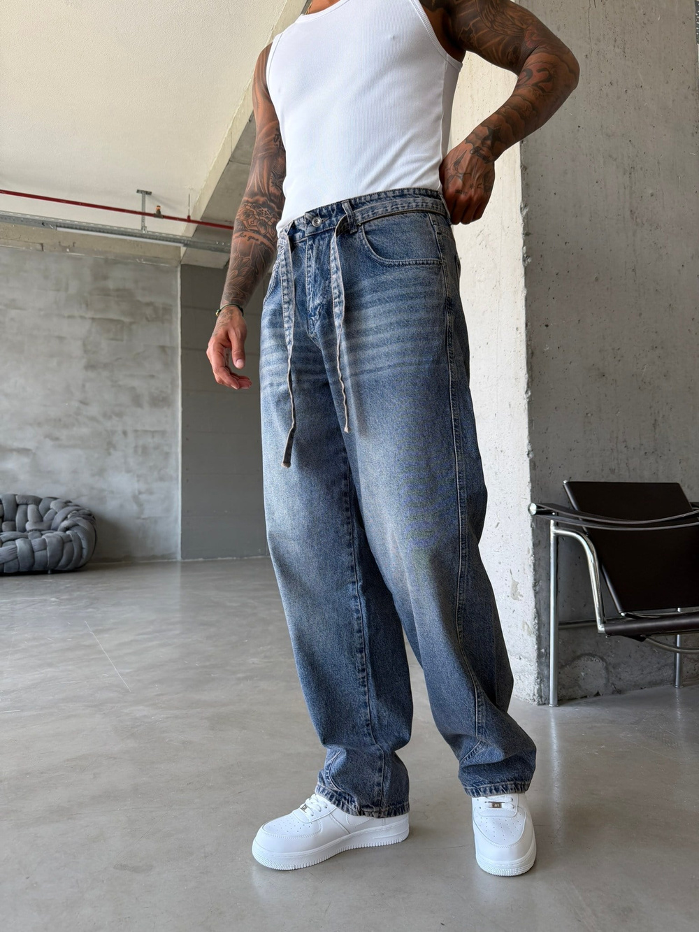 Bel Kemer Detaylı Premium Baggy Pantolon - Mavi
