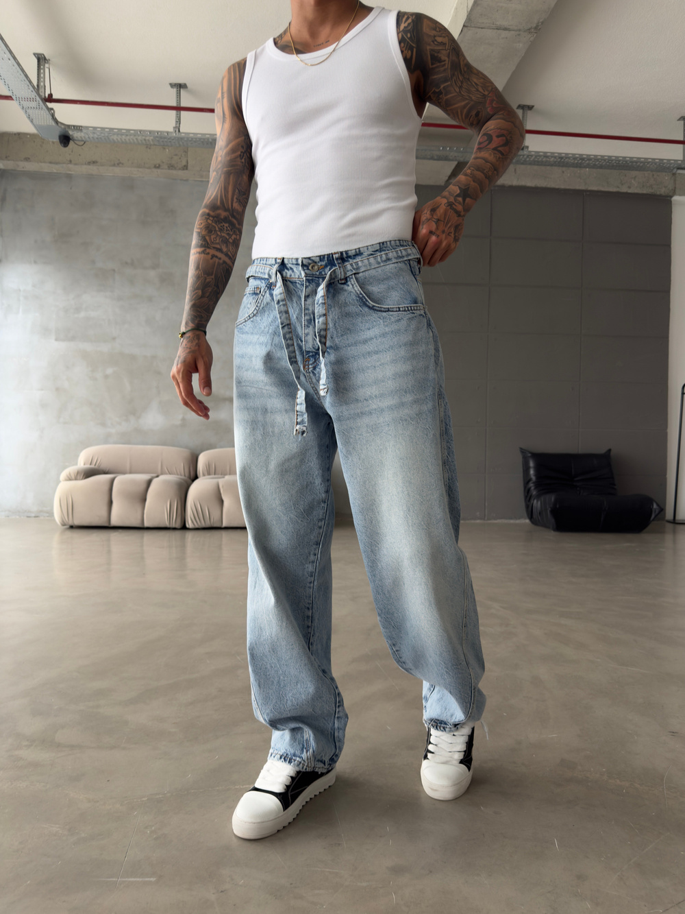 Bel Kemer Detaylı Premium Baggy Pantolon - Mavi