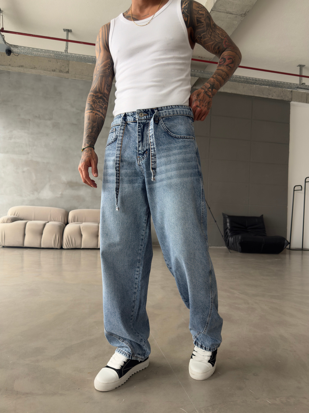 Bel Kemer Detaylı Premium Baggy Pantolon - İndigo