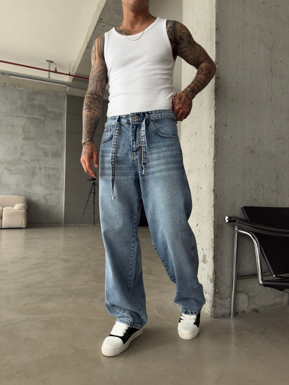 Bel Kemer Detaylı Premium Baggy Pantolon - İndigo