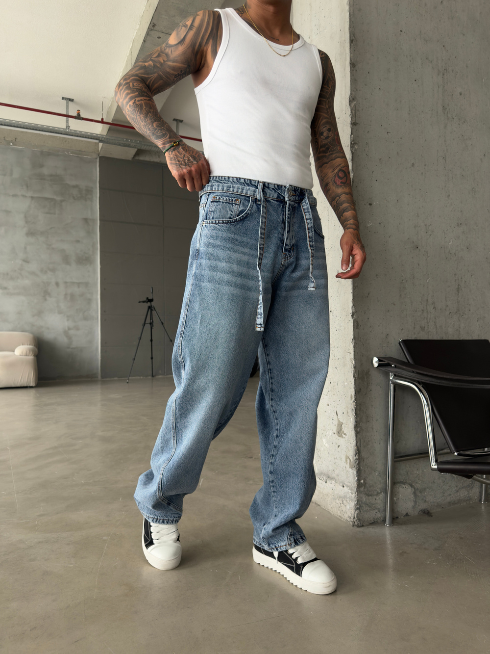 Bel Kemer Detaylı Premium Baggy Pantolon - İndigo
